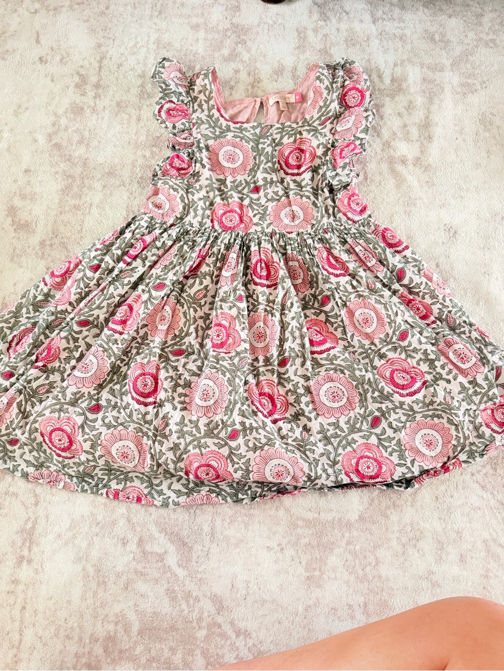 Pink Chicken Pink & Green Floral Ruffle-Shoulder Dress